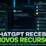 Interface do ChatGPT exibindo quatro novos recursos: questionários interativos, reservas de restaurantes, integração com Google Drive e sugestões inteligentes personalizadas.