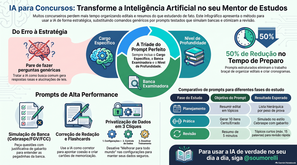 Infográfico "IA para Estudar para Concursos" com 8 prompts práticos para organizar edital, criar cronogramas, gerar questões e revisar matérias.